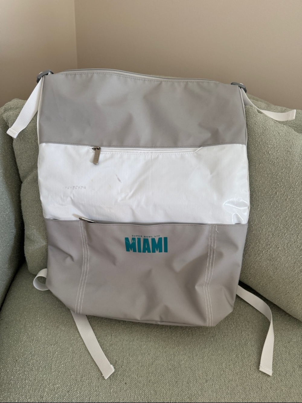 Miami Super Bowl LIV Light Gray and White Zippered Backpack
